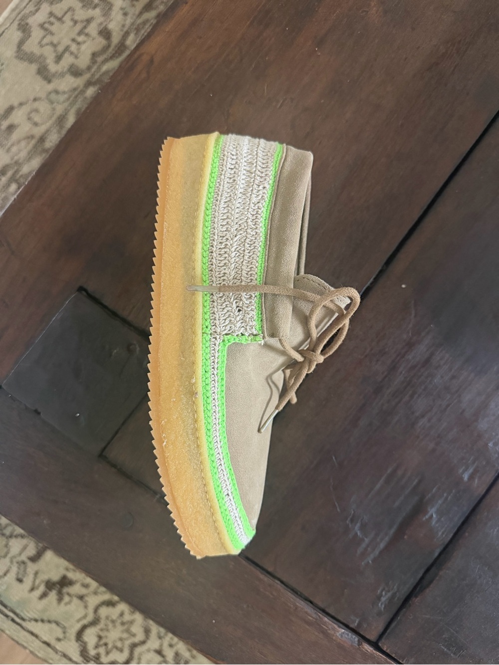 Laid Back London green and tan crochet moc toe sneakers